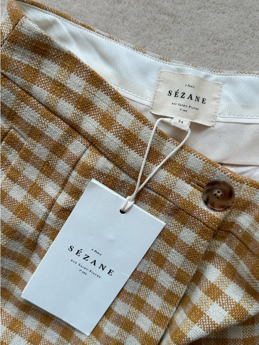 NWT Sezane Martin Cropped Pants, Ochre Ecru Gingham Pattern Size 34 US 2 - Picture 4 of 7